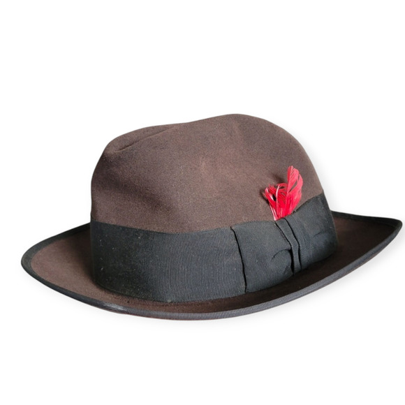 Stetson Vintage Fedora Style Brown Suede Hat with Red Feather Sz 6 7/8 - Picture 5 of 16